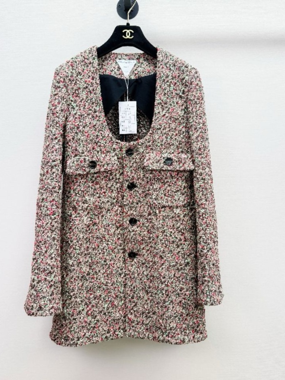 Bottega Veneta Multicolor Tweed Pea Coat with Pink Accents